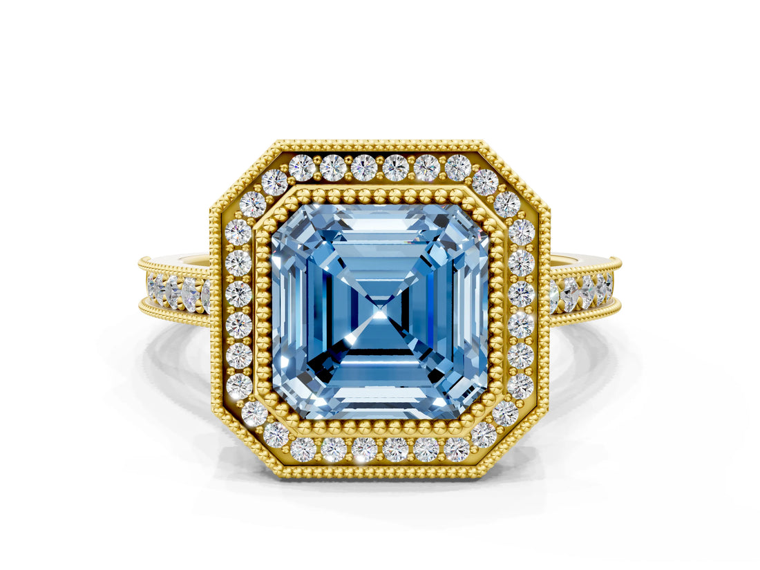Yellow gold Halo Fancy Blue Asscher -Cut Diamond Pave Band Milgrain Prong Setting Ring_77