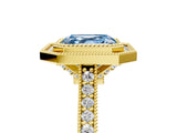 Yellow gold Halo Fancy Blue Asscher -Cut Diamond Pave Band Milgrain Prong Setting Ring_82