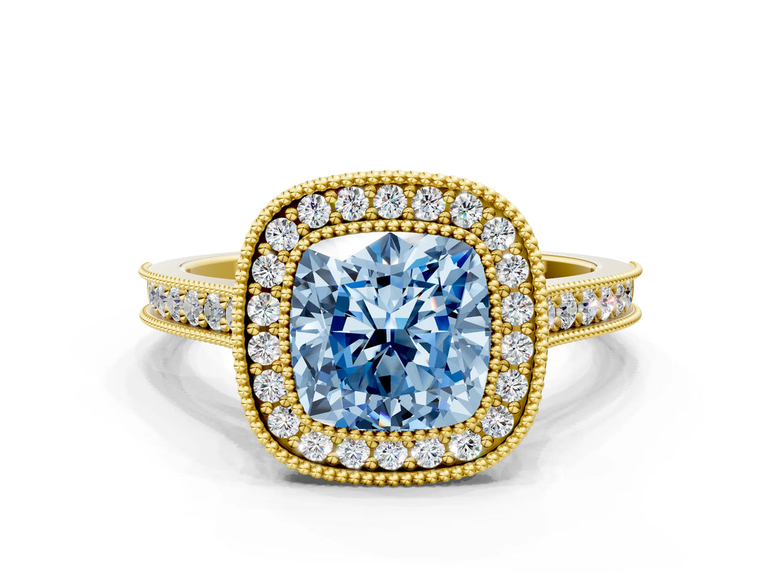 Yellow gold Halo Fancy Blue Cushion -Cut Diamond Pave Band Milgrain Prong Setting Ring_56