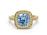 Yellow gold Halo Fancy Blue Cushion -Cut Diamond Pave Band Milgrain Prong Setting Ring_56