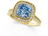 Yellow gold Halo Fancy Blue Cushion -Cut Diamond Pave Band Milgrain Prong Setting Ring_57
