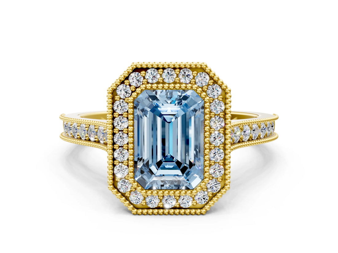 Yellow gold Halo Fancy Blue Emerald -Cut Diamond Pave Band Milgrain Prong Setting Ring_55