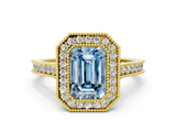 Yellow gold Halo Fancy Blue Emerald -Cut Diamond Pave Band Milgrain Prong Setting Ring_55