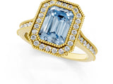 Yellow gold Halo Fancy Blue Emerald -Cut Diamond Pave Band Milgrain Prong Setting Ring_56