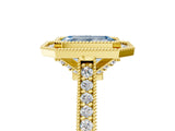 Yellow gold Halo Fancy Blue Emerald -Cut Diamond Pave Band Milgrain Prong Setting Ring_60