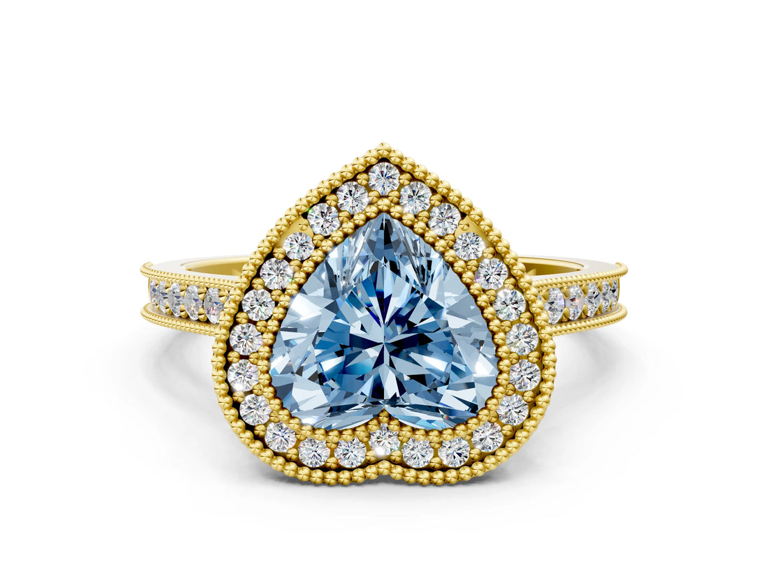 Yellow gold Halo Fancy Blue Heart -Cut Diamond Pave Band Milgrain Prong Setting Ring_55