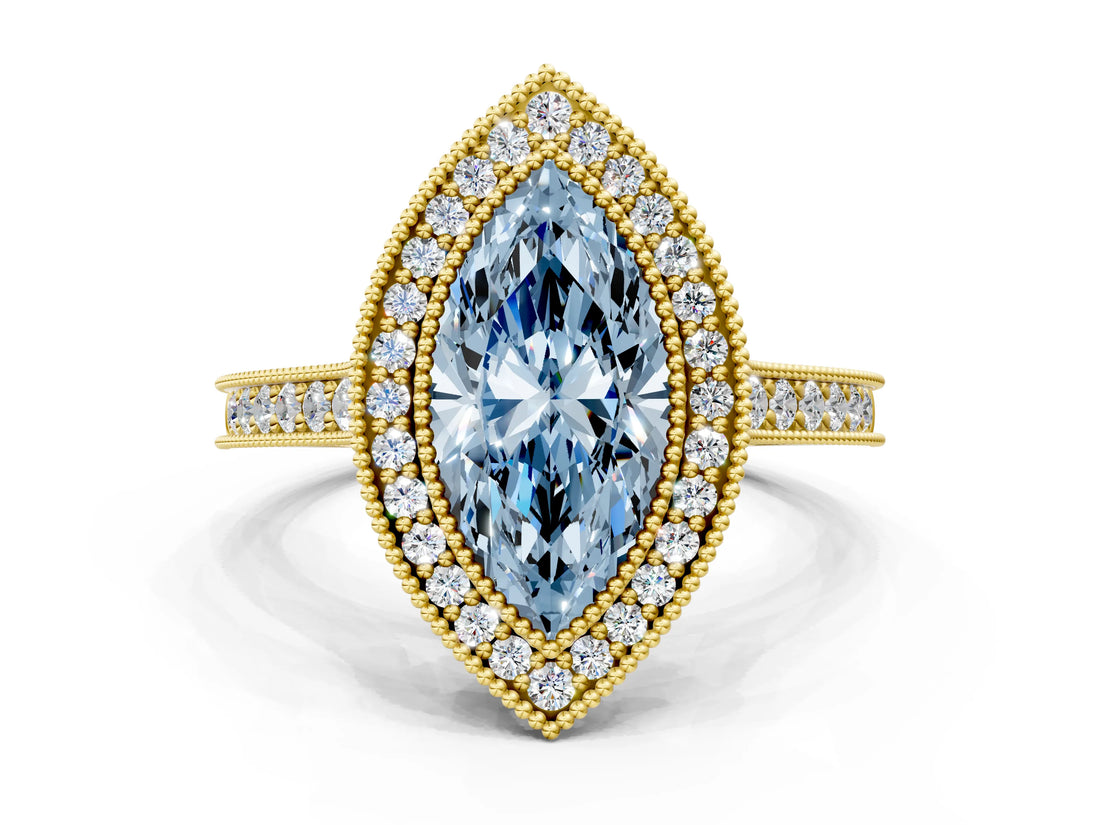 Yellow gold Halo Fancy Blue Marquise -Cut Diamond Pave Band Milgrain Prong Setting Ring_55