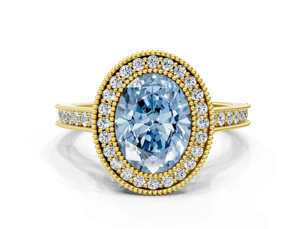 Yellow gold Halo Fancy Blue Oval -Cut Diamond Pave Band Milgrain Prong Setting Ring