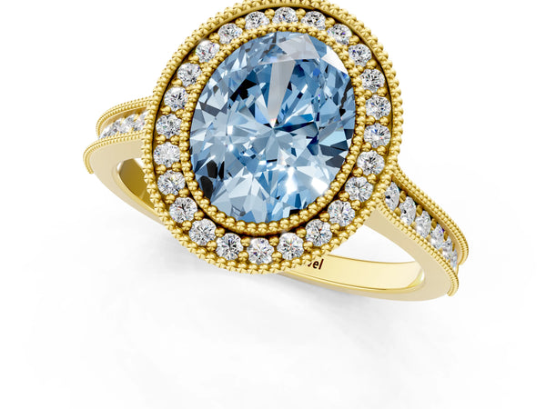 Yellow gold Halo Fancy Blue Oval -Cut Diamond Pave Band Milgrain Prong Setting Ring