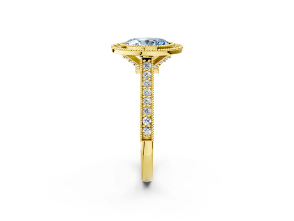 Yellow gold Halo Fancy Blue Oval -Cut Diamond Pave Band Milgrain Prong Setting Ring