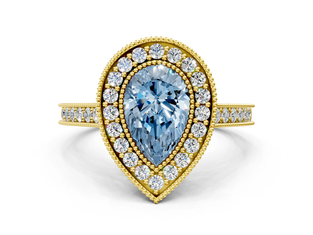 Yellow gold Halo Fancy Blue Pear -Cut Diamond Pave Band Milgrain Prong Setting Ring_79