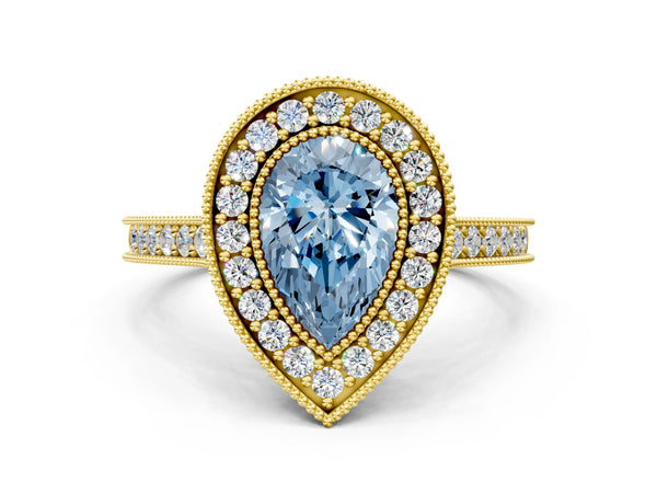 Yellow gold Halo Fancy Blue Pear -Cut Diamond Pave Band Milgrain Prong Setting Ring