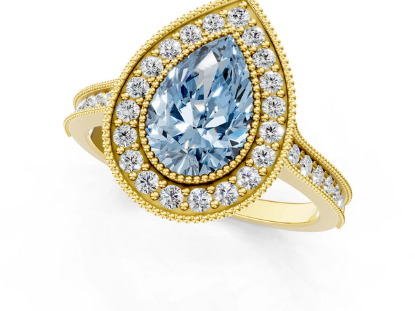 Yellow gold Halo Fancy Blue Pear -Cut Diamond Pave Band Milgrain Prong Setting Ring