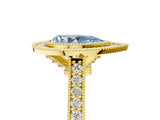 Yellow gold Halo Fancy Blue Pear -Cut Diamond Pave Band Milgrain Prong Setting Ring_84