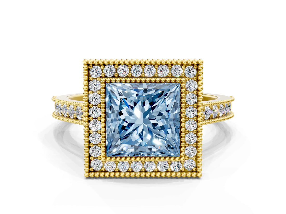 Yellow gold Halo Fancy Blue Princess -Cut Diamond Pave Band Milgrain Prong Setting Ring_54