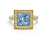 Yellow gold Halo Fancy Blue Princess -Cut Diamond Pave Band Milgrain Prong Setting Ring_54