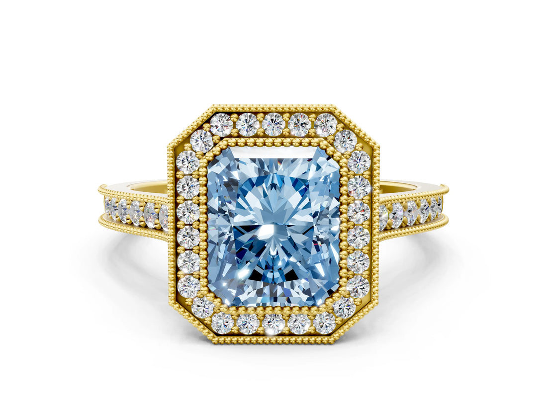 Yellow gold Halo Fancy Blue Radiant -Cut Diamond Pave Band Milgrain Prong Setting Ring_55