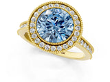 Yellow gold Halo Fancy Blue Round -Cut Diamond Pave Band Milgrain Prong Setting Ring_55