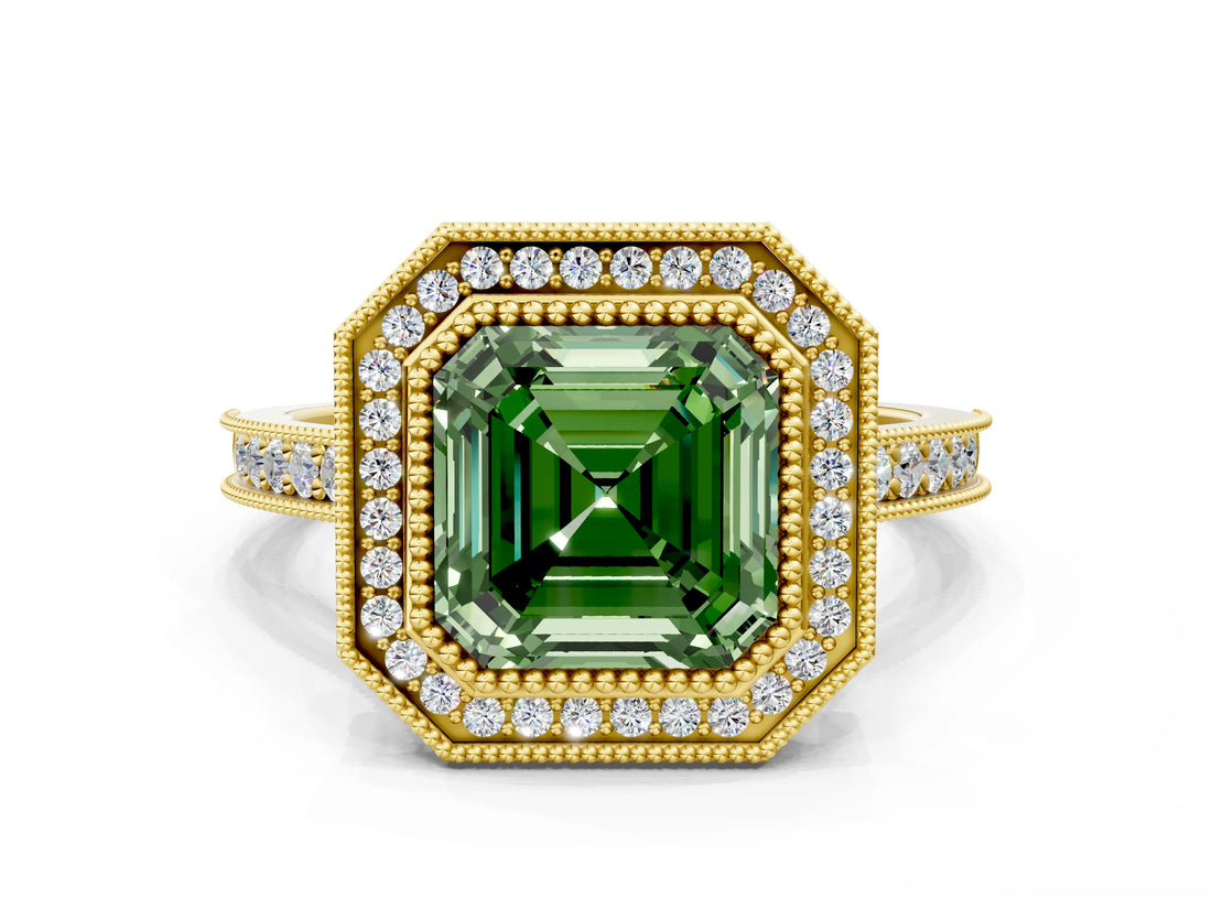 Yellow gold Halo Fancy Green Asscher -Cut Diamond Pave Band Milgrain Prong Setting Ring_47