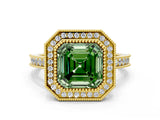 Yellow gold Halo Fancy Green Asscher -Cut Diamond Pave Band Milgrain Prong Setting Ring_47