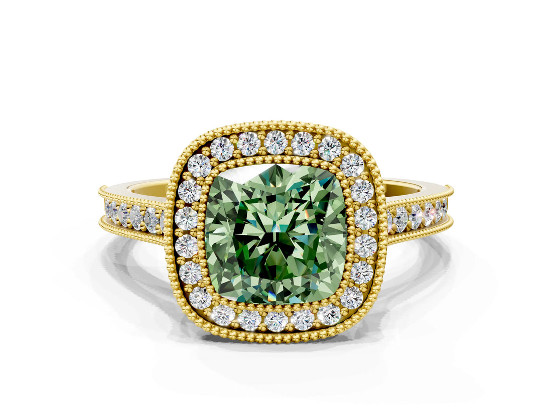 Yellow gold Halo Fancy Green Cushion -Cut Diamond Pave Band Milgrain Prong Setting Ring_55