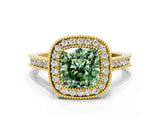 Yellow gold Halo Fancy Green Cushion -Cut Diamond Pave Band Milgrain Prong Setting Ring_55