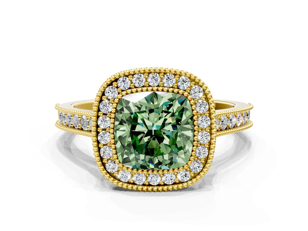 Yellow gold Halo Fancy Green Cushion -Cut Diamond Pave Band Milgrain Prong Setting Ring