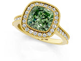 Yellow gold Halo Fancy Green Cushion -Cut Diamond Pave Band Milgrain Prong Setting Ring_56