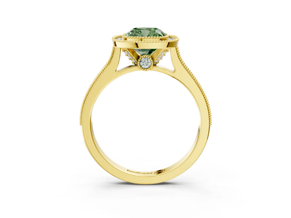 Yellow gold Halo Fancy Green Cushion -Cut Diamond Pave Band Milgrain Prong Setting Ring