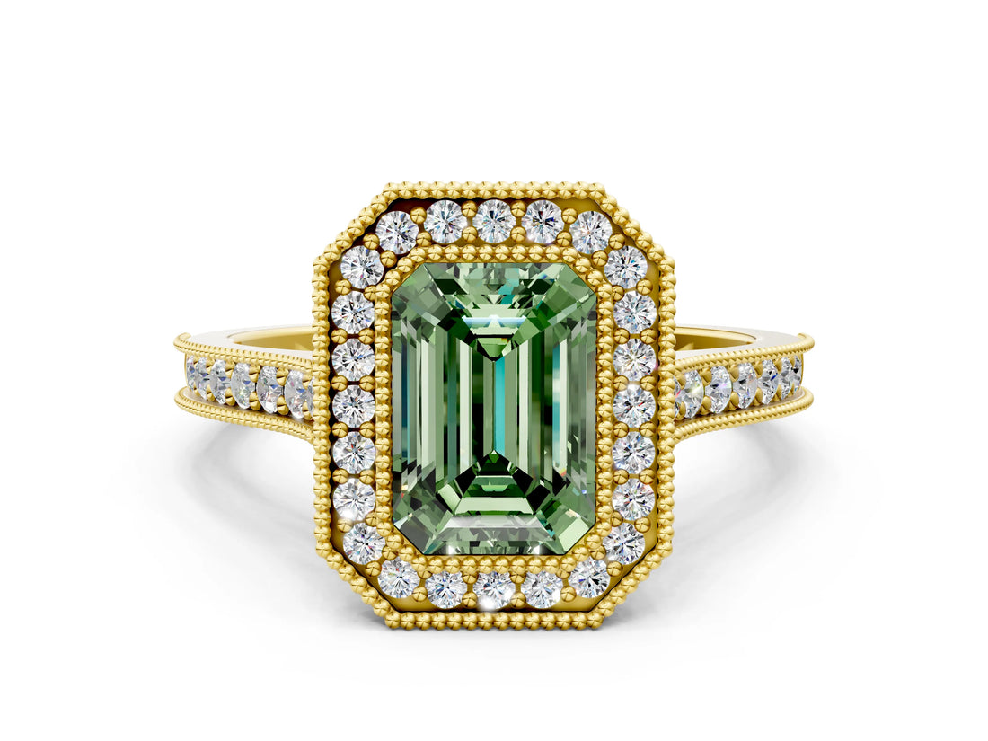 Yellow gold Halo Fancy Green Emerald -Cut Diamond Pave Band Milgrain Prong Setting Ring_73