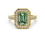 Yellow gold Halo Fancy Green Emerald -Cut Diamond Pave Band Milgrain Prong Setting Ring_73