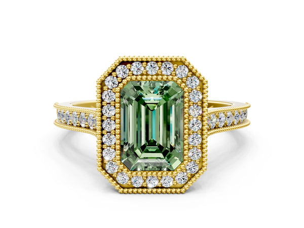 Yellow gold Halo Fancy Green Emerald -Cut Diamond Pave Band Milgrain Prong Setting Ring