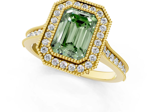 Yellow gold Halo Fancy Green Emerald -Cut Diamond Pave Band Milgrain Prong Setting Ring