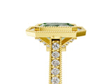 Yellow gold Halo Fancy Green Emerald -Cut Diamond Pave Band Milgrain Prong Setting Ring_78