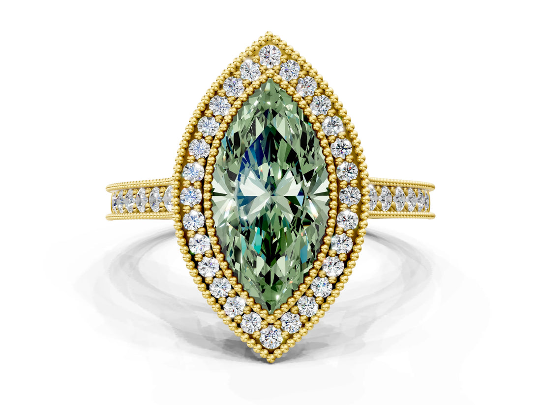 Yellow gold Halo Fancy Green Marquise -Cut Diamond Pave Band Milgrain Prong Setting Ring_55