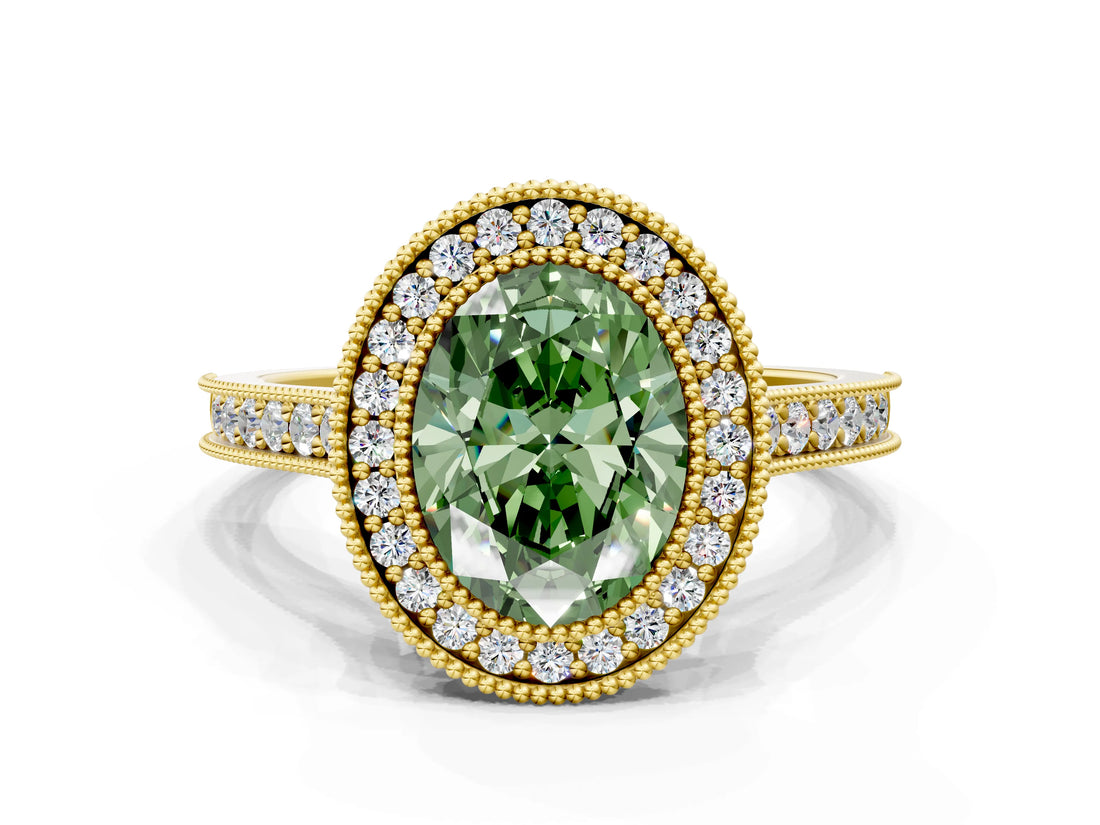 Yellow gold Halo Fancy Green Oval -Cut Diamond Pave Band Milgrain Prong Setting Ring_55