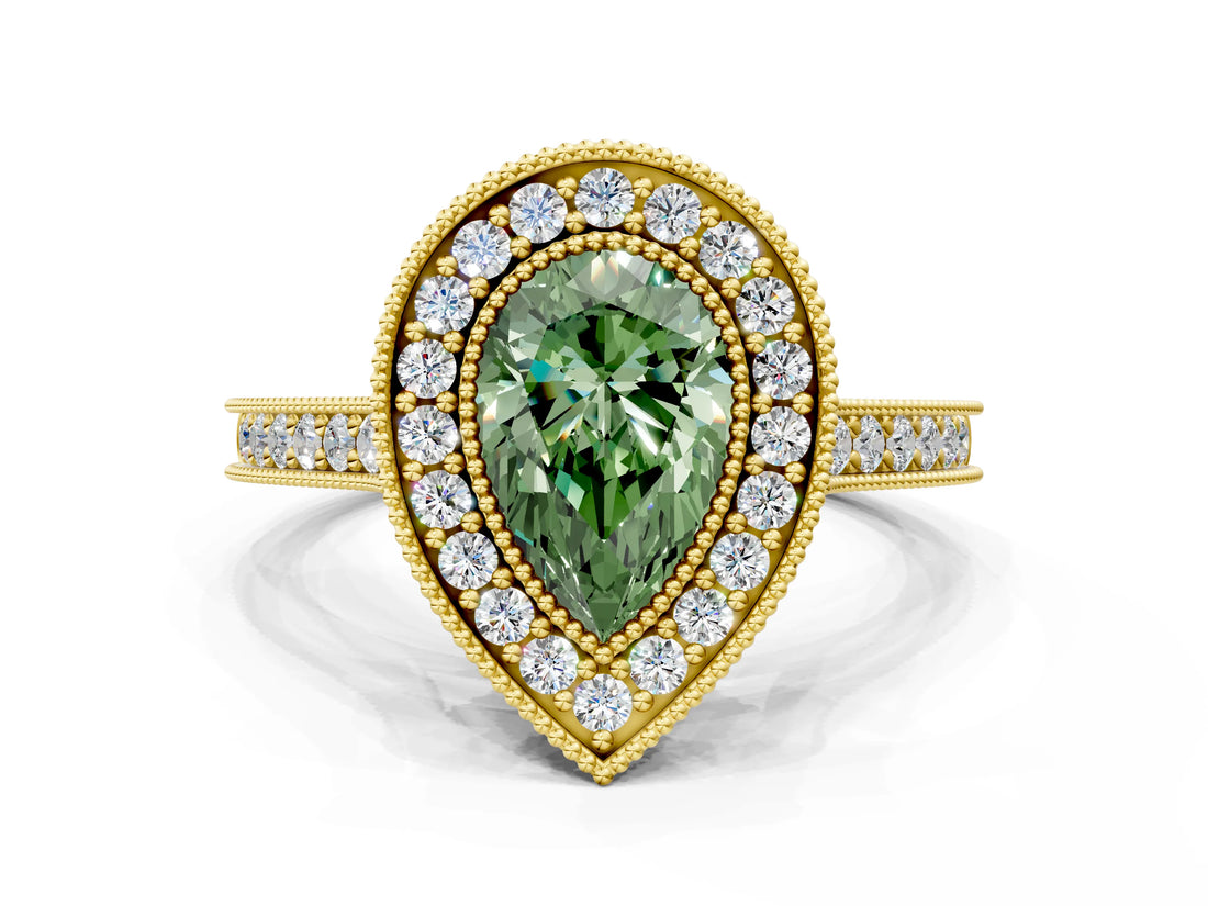 Yellow gold Halo Fancy Green Pear -Cut Diamond Pave Band Milgrain Prong Setting Ring_55