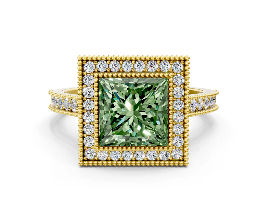 Yellow gold Halo Fancy Green Princess -Cut Diamond Pave Band Milgrain Prong Setting Ring_35
