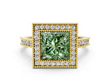 Yellow gold Halo Fancy Green Princess -Cut Diamond Pave Band Milgrain Prong Setting Ring_35