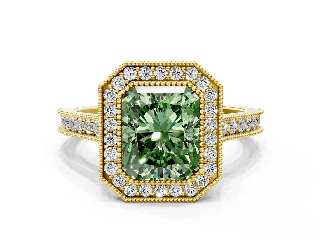 Yellow gold Halo Fancy Green Radiant -Cut Diamond Pave Band Milgrain Prong Setting Ring_55