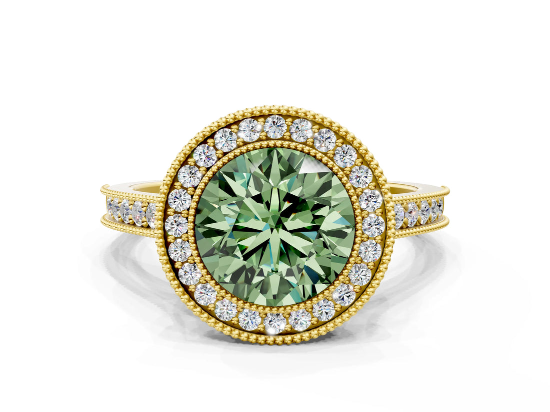 Yellow gold Halo Fancy Green Round -Cut Diamond Pave Band Milgrain Prong Setting Ring_55