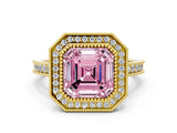 Yellow gold Halo Fancy Pink Asscher -Cut Diamond Pave Band Milgrain Prong Setting Ring_46