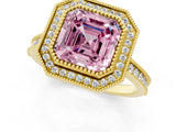 Yellow gold Halo Fancy Pink Asscher -Cut Diamond Pave Band Milgrain Prong Setting Ring_47