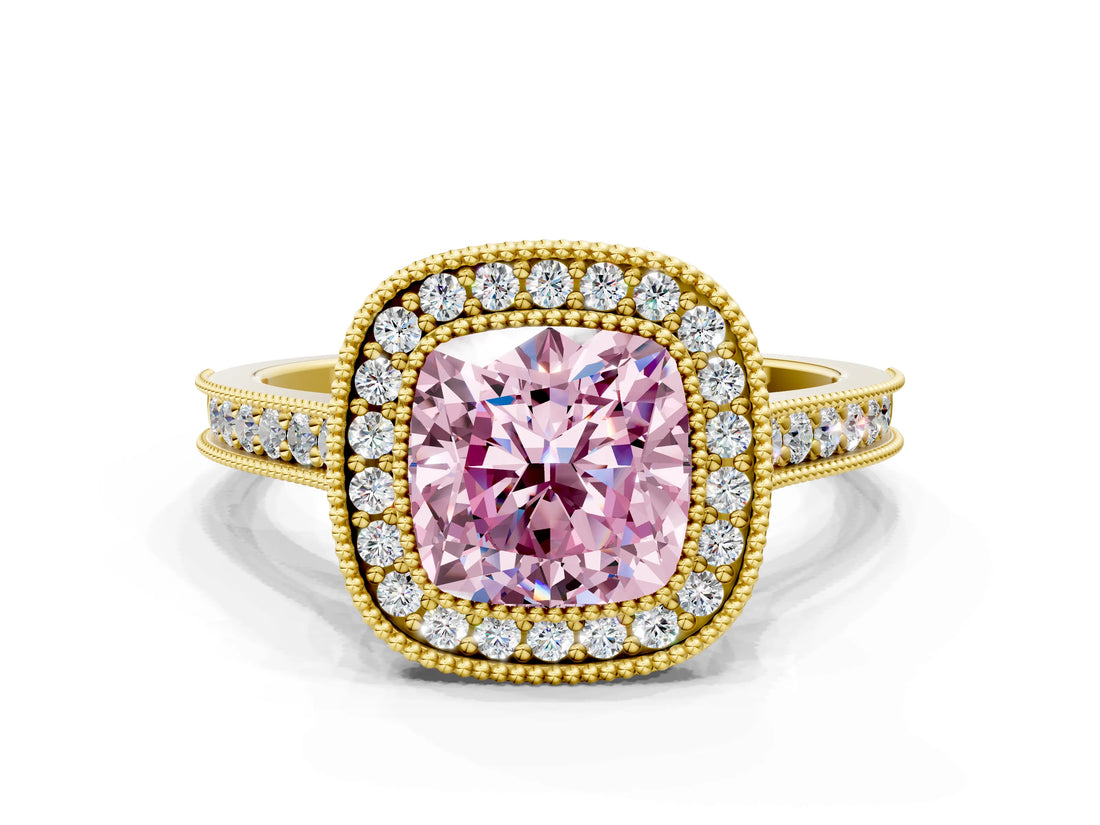 Yellow gold Halo Fancy Pink Cushion -Cut Diamond Pave Band Milgrain Prong Setting Ring_55