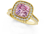 Yellow gold Halo Fancy Pink Cushion -Cut Diamond Pave Band Milgrain Prong Setting Ring_56
