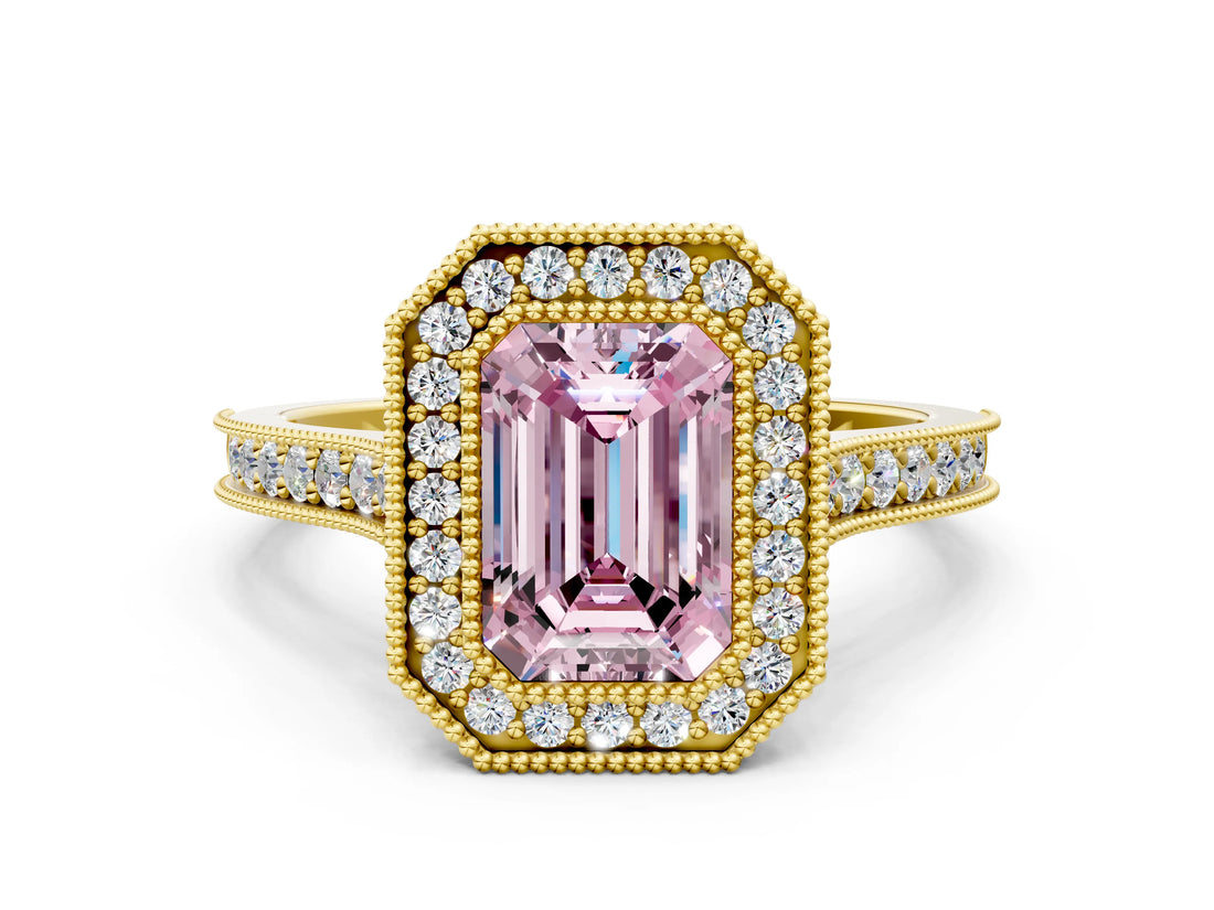 Yellow gold Halo Fancy Pink Emerald -Cut Diamond Pave Band Milgrain Prong Setting Ring_55