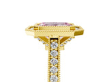 Yellow gold Halo Fancy Pink Emerald -Cut Diamond Pave Band Milgrain Prong Setting Ring_60