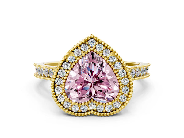 Yellow Gold Heart-Shaped Milgrain Halo Bezel Engagement Ring Setting for Fancy Pink Center