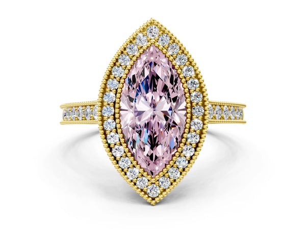 Yellow gold Halo Fancy Pink Marquise -Cut Diamond Pave Band Milgrain Prong Setting Ring