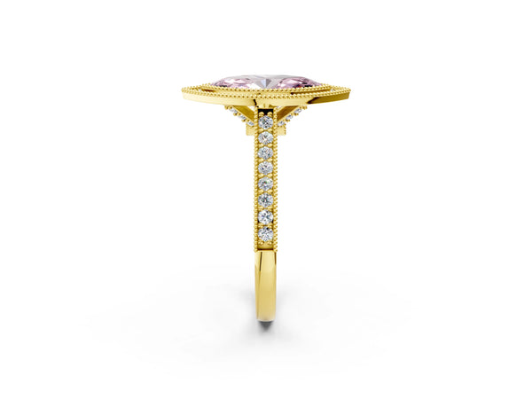 Yellow gold Halo Fancy Pink Marquise -Cut Diamond Pave Band Milgrain Prong Setting Ring
